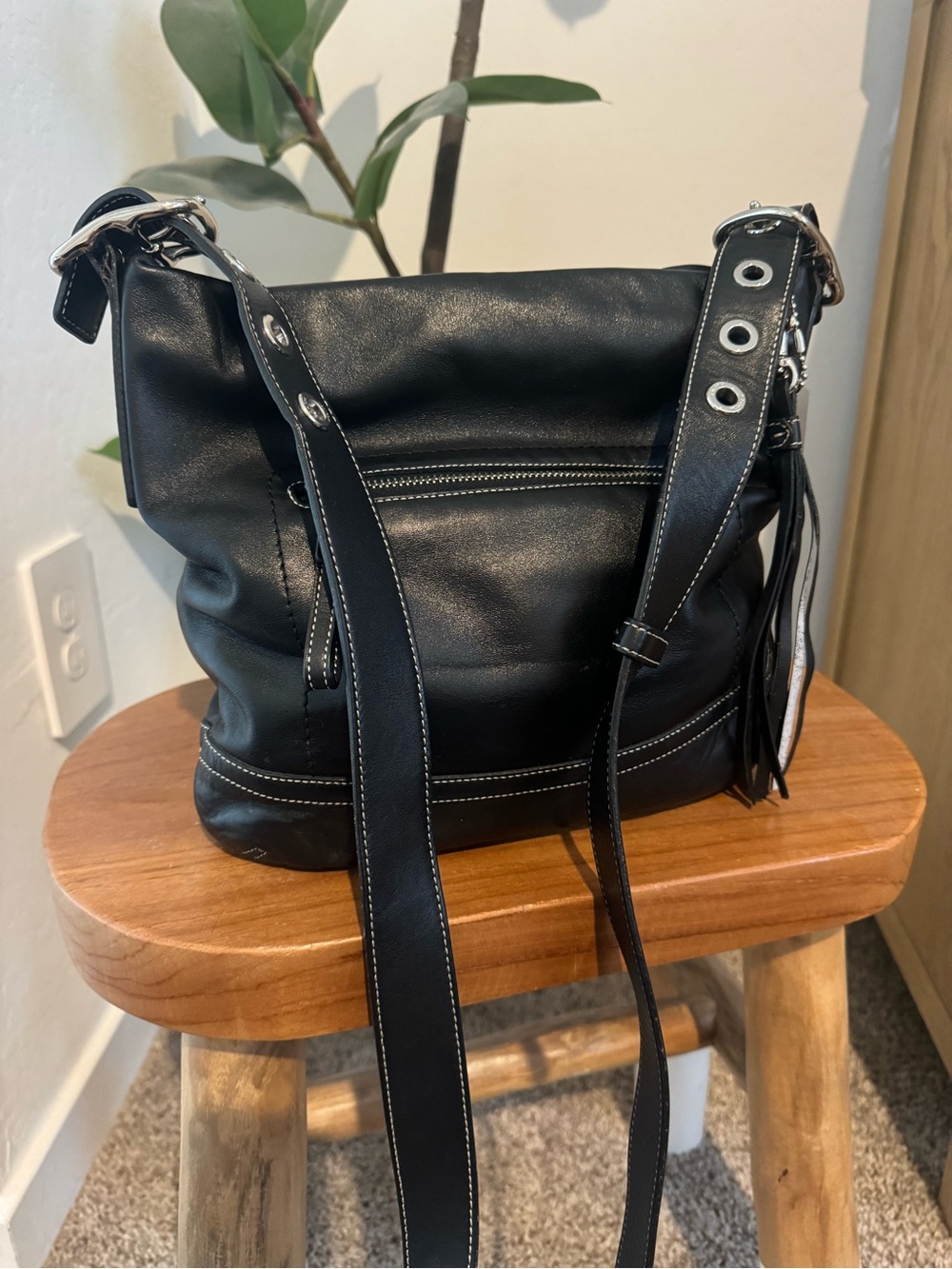 Coach Black Leather Crossbody with Grommet Strap and Tassel